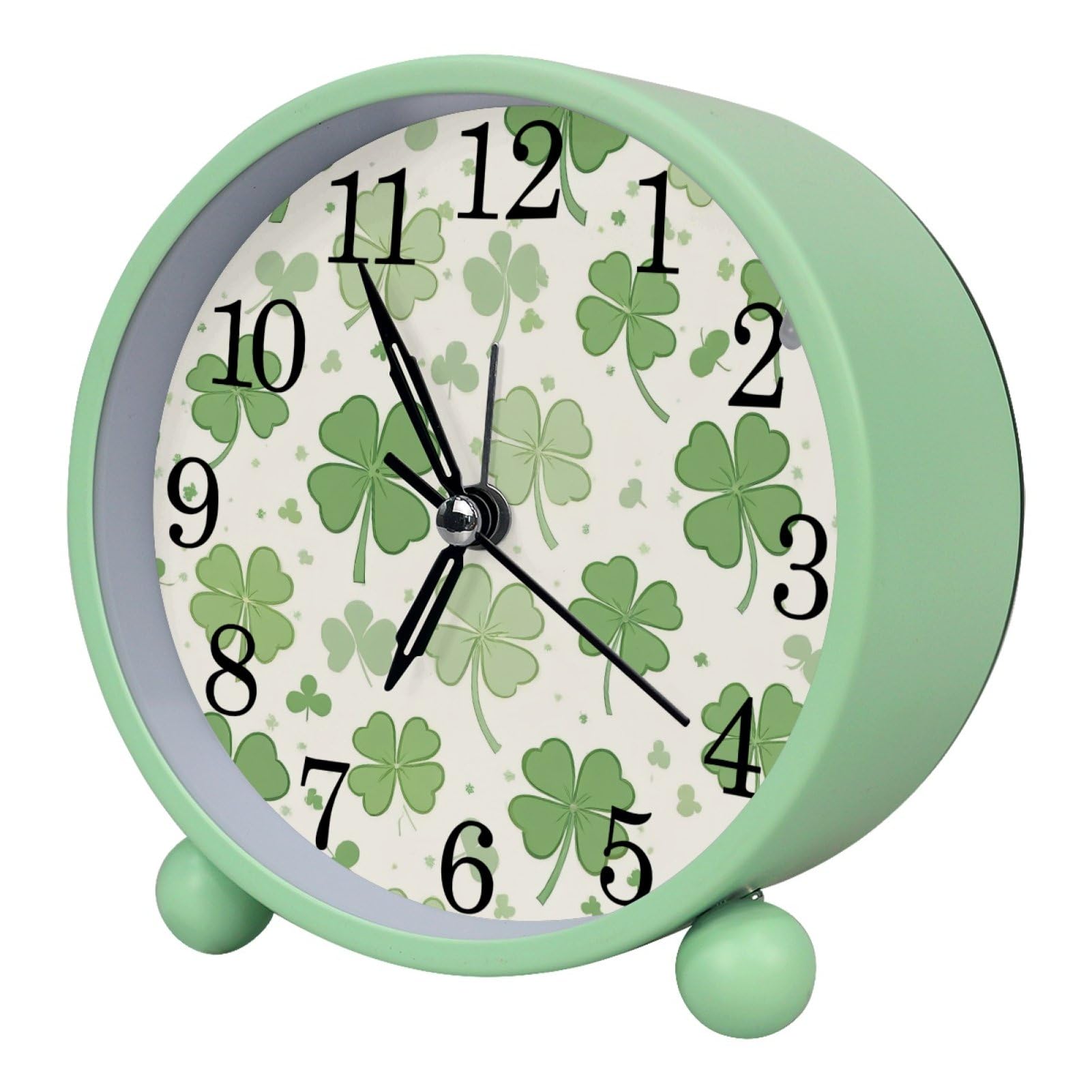 etoenbrc St. Patrick's Day Clover Round Battery Operated Bedside Alarm Clock Non-Ticking Desktop Silent Analog Alarm Clock with Light