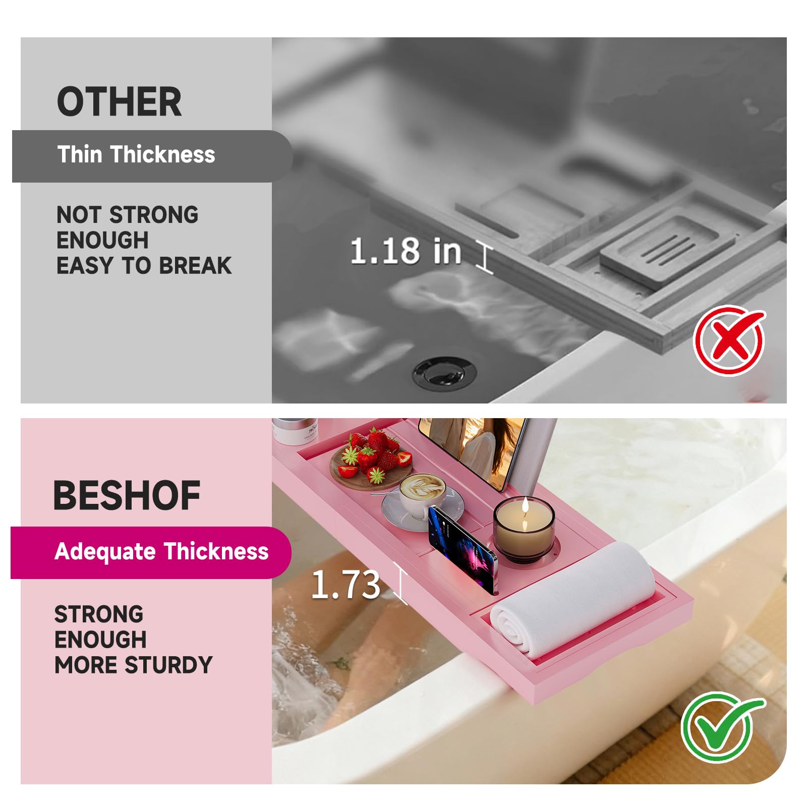 Bandeja Plegable para bañera, Bandeja de bambú para bañera con Soporte para Copas de Vino, Soporte para Libro, teléfono, Tableta con Lados Extensibles, Ajustable, Soporte para jabón Gratis (Rosa)