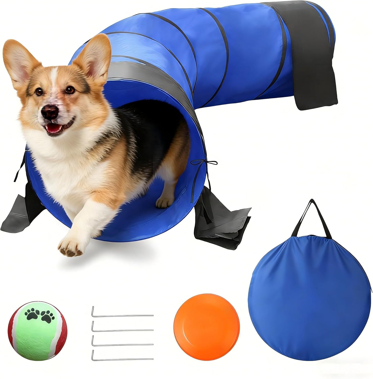 POPMOON Dog Agility Tunnel-10FT Foldable Pet Training Tunnel with 2 Sandbags, 4 Ground Stakes & Carry Bag, 25.6" Diameter for Dogs, Dog Agility Course Backyard Set for Indoor, Backyard, Outdoor Use