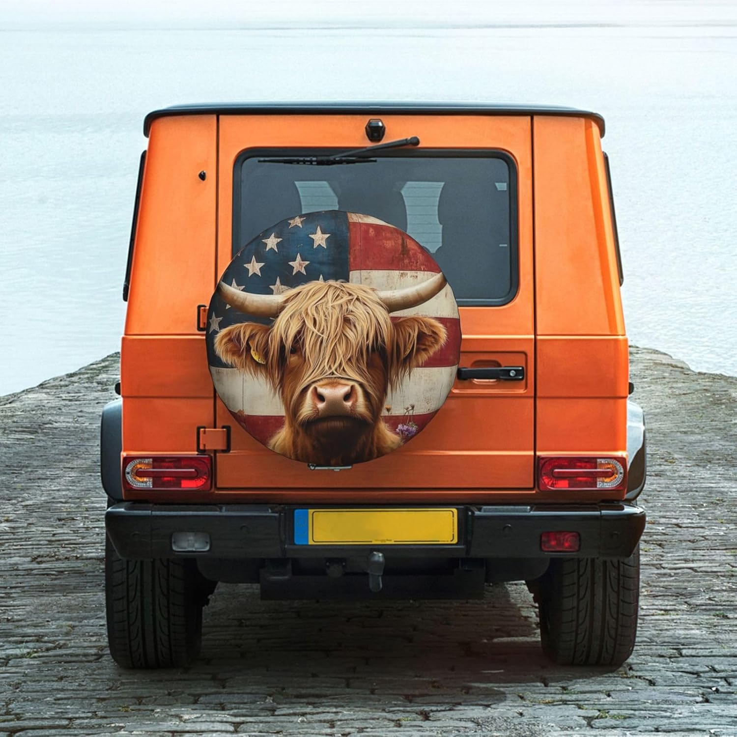 American Flag Highland Cow Print Spare Tire Cover Dust-Proof Wheel Tire Cover Fit Jeep,Trailer, Rv, SUV and Many Vehicle 17 Inch