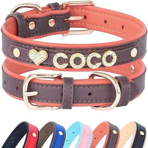 Beirui Collares de perro personalizados con letras brillantes de imitación para nombre de mascotas, collar de perro de piel sintética acolchada