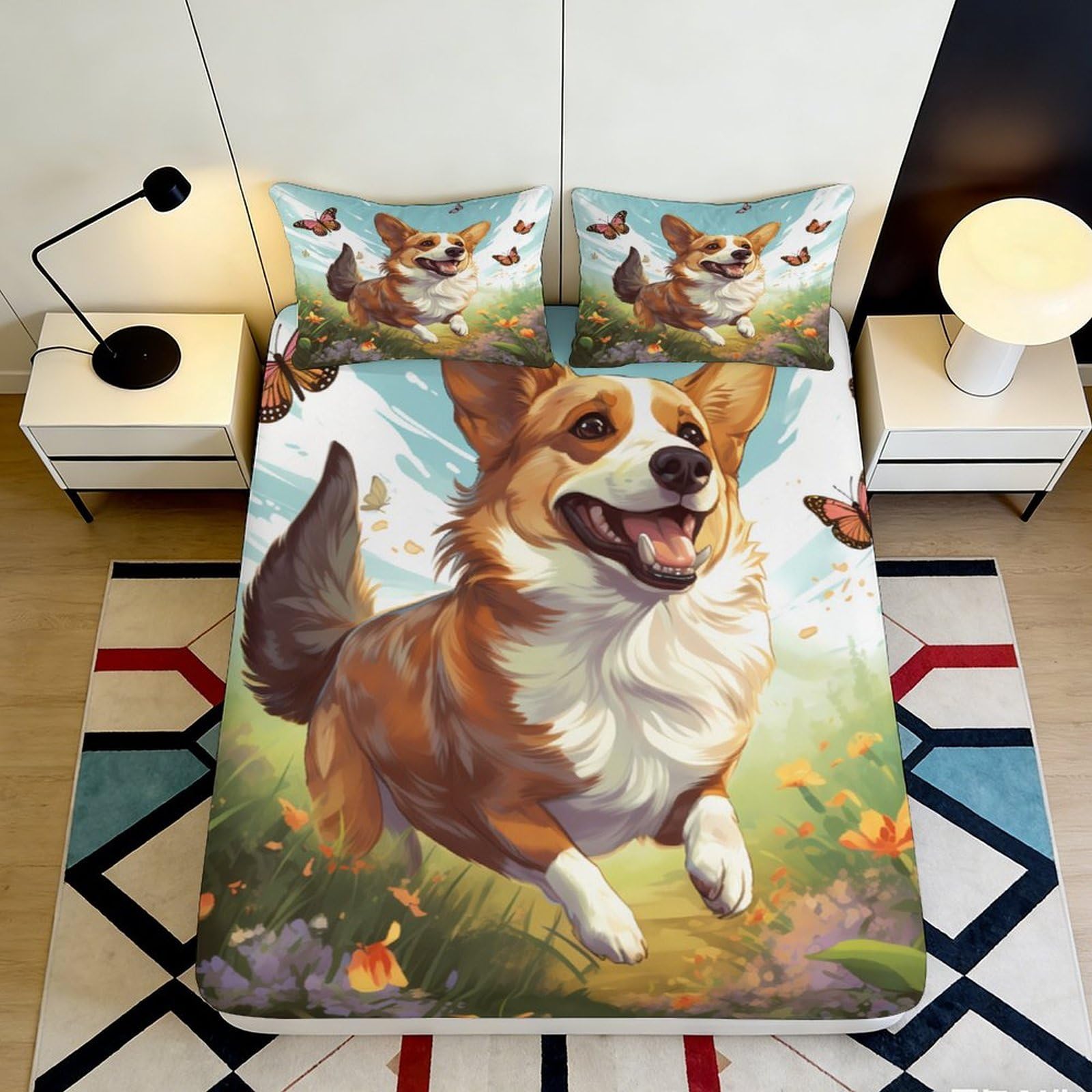 3D Printed Corgi Dog Butterfly Fitted Sheet Microfiber Soft Bed Cover for Bedroom Dorm Mattress Protection Decor 200x200x25cm