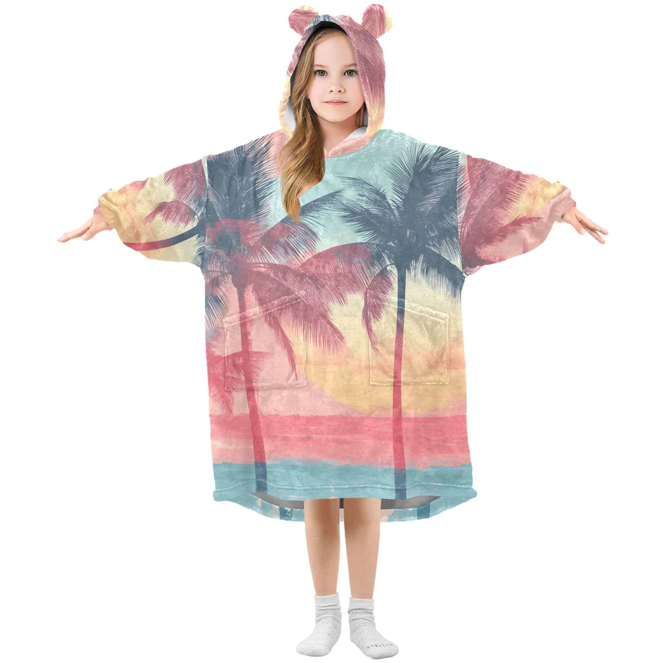 Sevdomey Tropical Beach Scene Wearable Blankets for Kids Boy Girl, Hoodie Double-Layer Blanket Oversized Sweatshirt