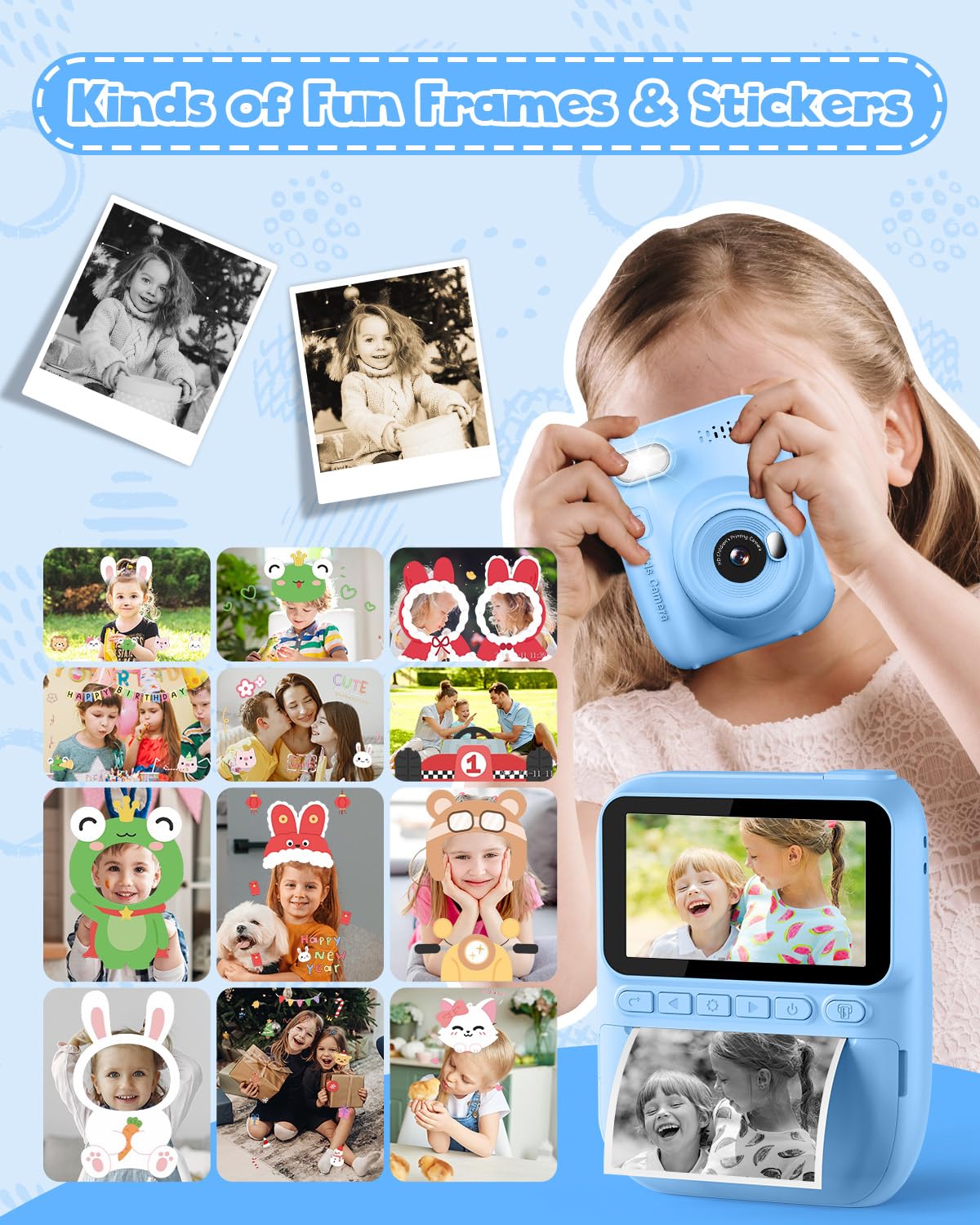 Kinderkamera Sofortbildkamera 3,0 Zoll 1080P Digitalkamera mit Druckerpapier & 32GB Karte für 3-10 Jahre Blau