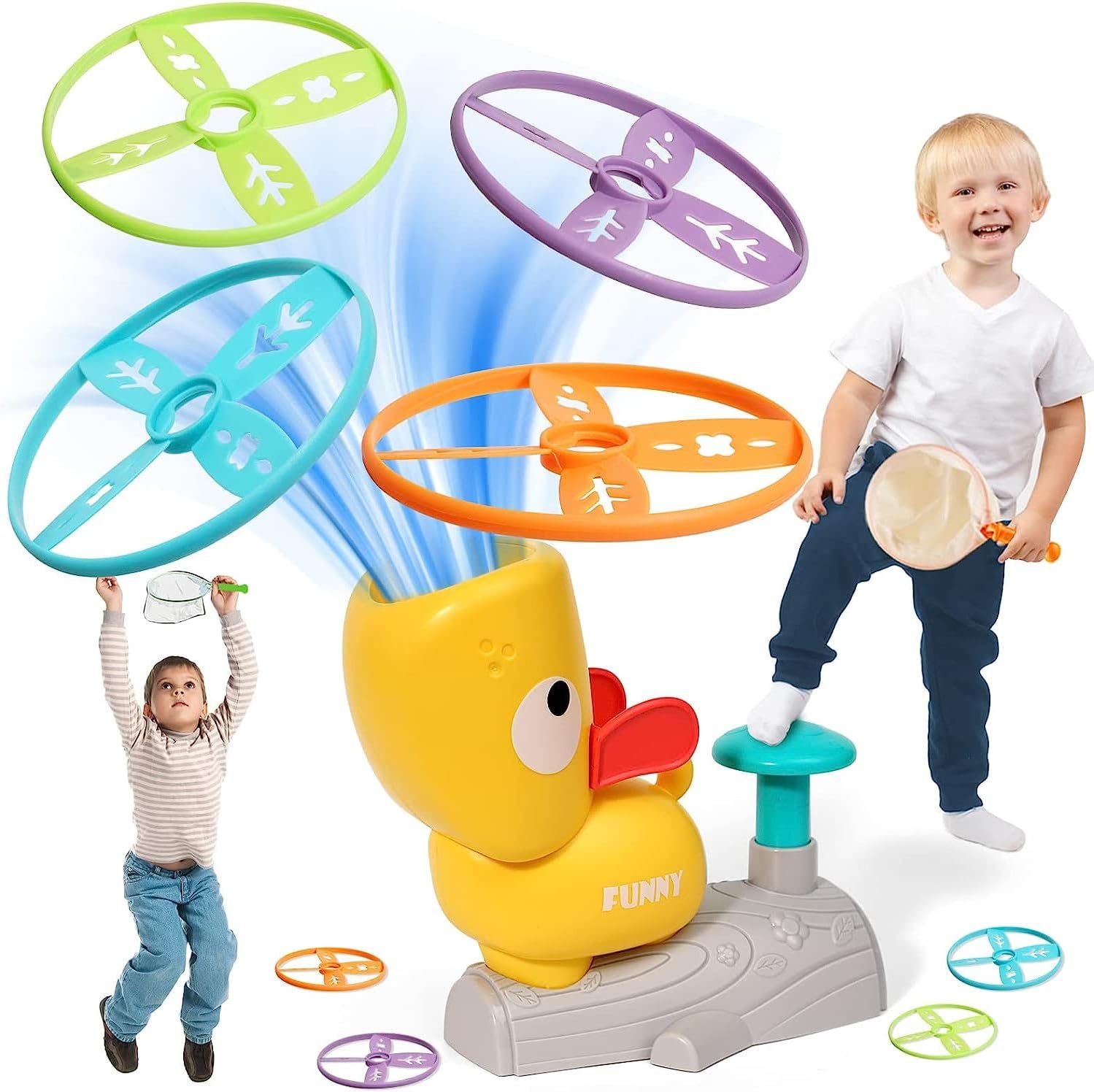 Flying Disc Toy Rocket Launcher for Kids, Pop Up to 40 Feet Stomp Launcher Outdoor Yard Games Toys, with 8 Flying Discs 2 Catch Nets Hand Eye Coordination STEM Toys for Kids Ages 3-12+(Yellow)