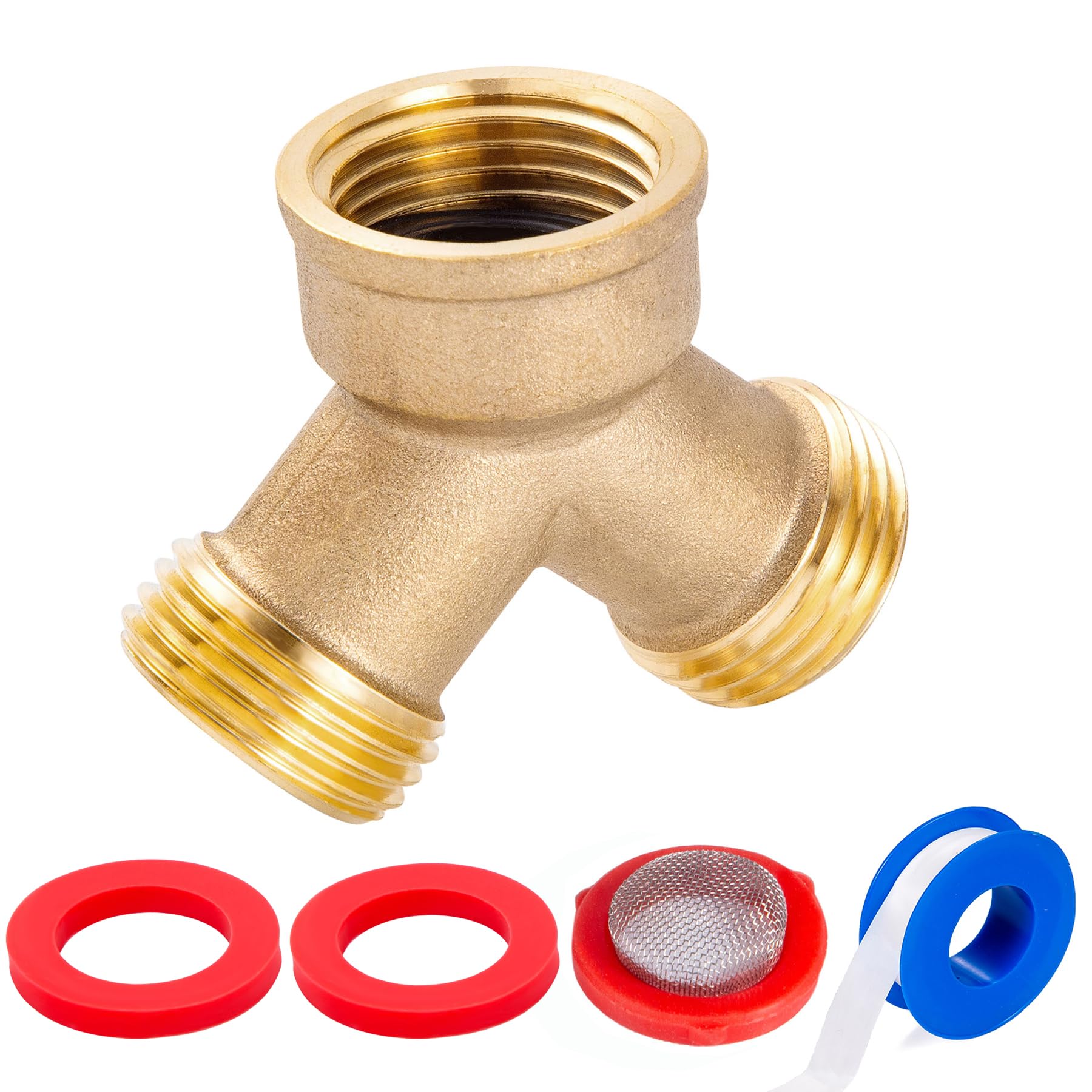 Solid Brass Lead-Free Body Backyard 2 Way Y Valve Garden Hose Connector MHT 3/4 Inch Thread Splitter Adapter,2 Silicone Hose Washers&1 Gasket with Screen&Teflon Tape