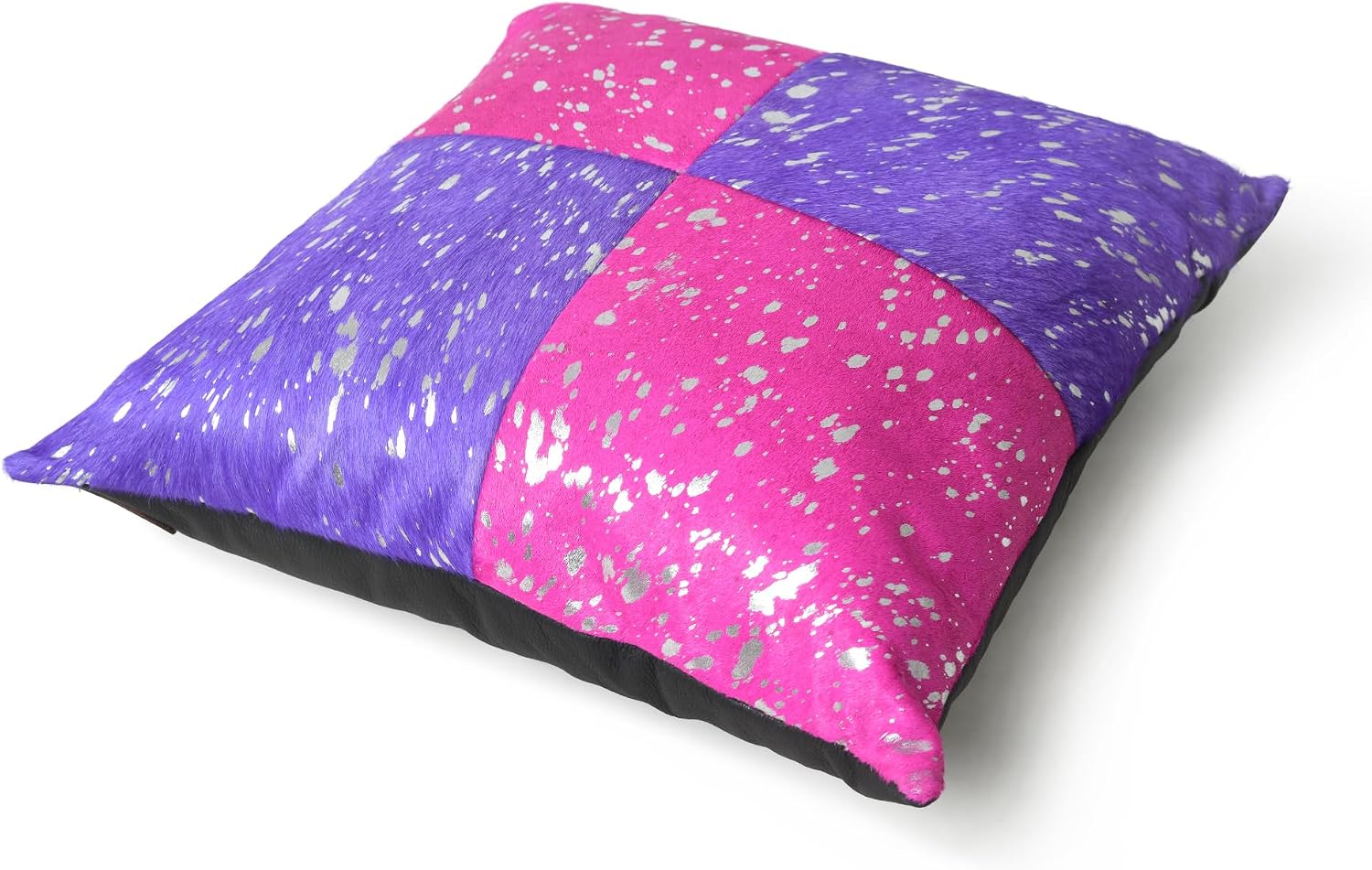 Leather Cushion Cover with Pink & Purple Cross Shades, Real Hair On, Silver meattalic Acid Wash Print (1)