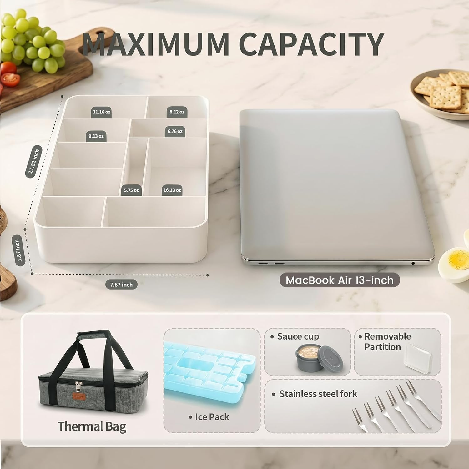 Snackle Box Container with Ice Pack, Reinforced Latches & Large Capacity, Travel Snack Box, Charcuterie Board with Lid, Divided Veggie Tray for Road Trips Picnic Boat Beach White