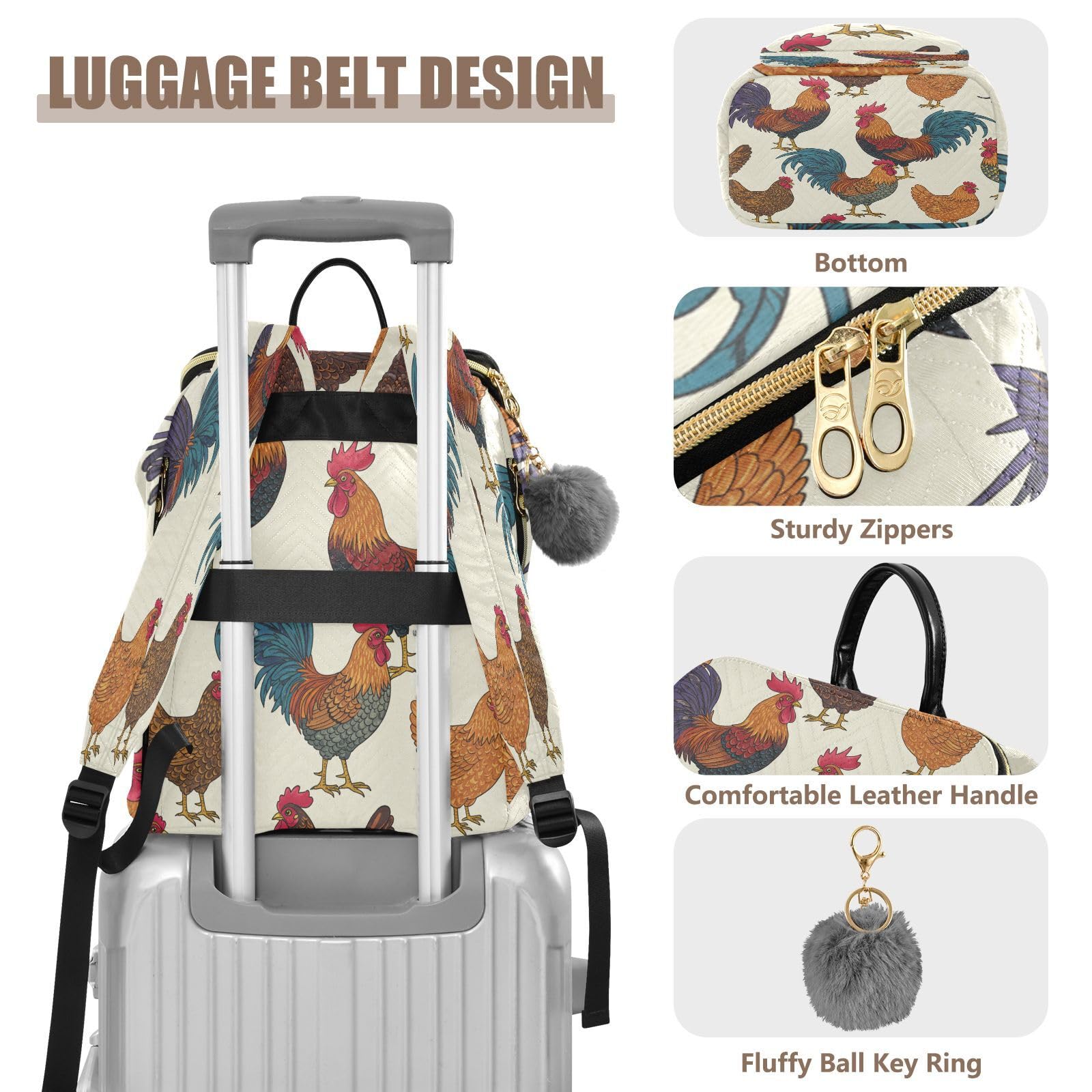 Mnsruu Gesteppter Rucksack für Damen, Hahn Huhn, Reise-Laptop-Tasche mit Gepäckgurt und versteckten Taschen, leicht, lässig, Arbeit, College, Tagesrucksack (29 × 17 × 36 cm)