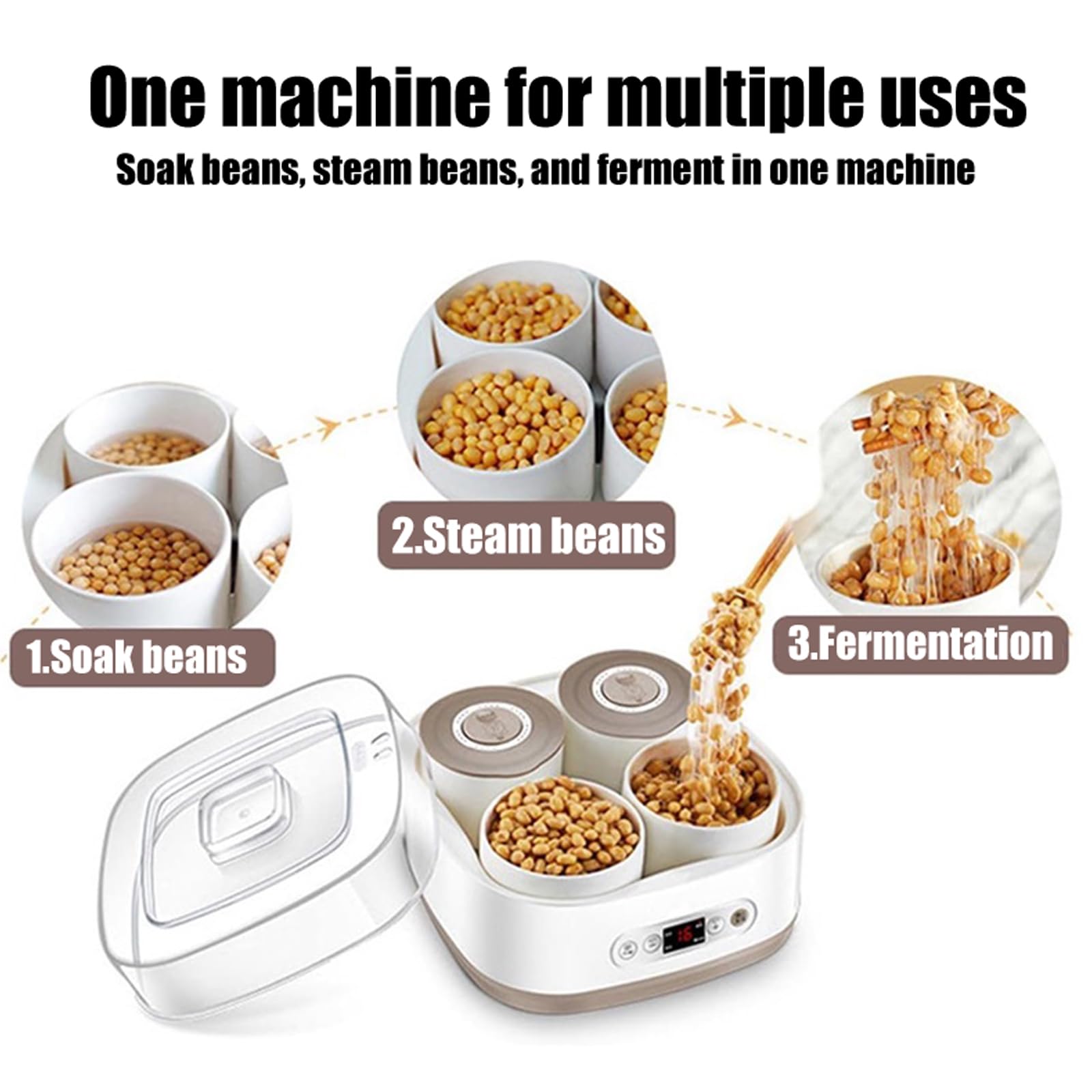Fermentatore elettrico automatico Natto, macchina per yogurt completamente automatica da 1,5 litri con pannello di controllo intelligente, yogurtiera con controllo della temperatura, 4 contenitori