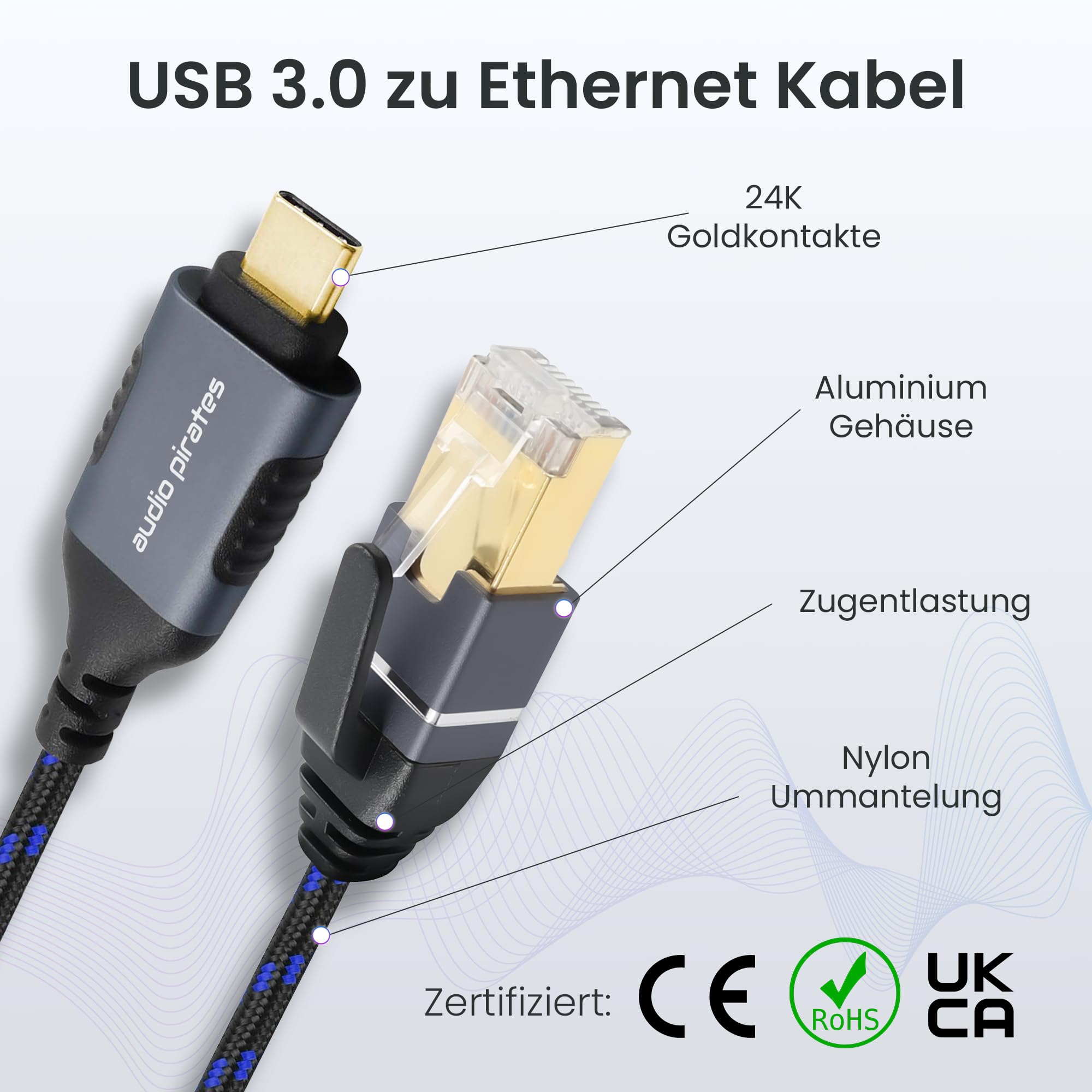 audio pirates Cable adaptador Ethernet USB 3.0 a RJ45 (Gigabit, CAT6A, 1000 Mbps), adaptador de red USB con contactos dorados y carcasa de aluminio, adaptador USB Ethernet (1 paquete, 10 metros, azul)
