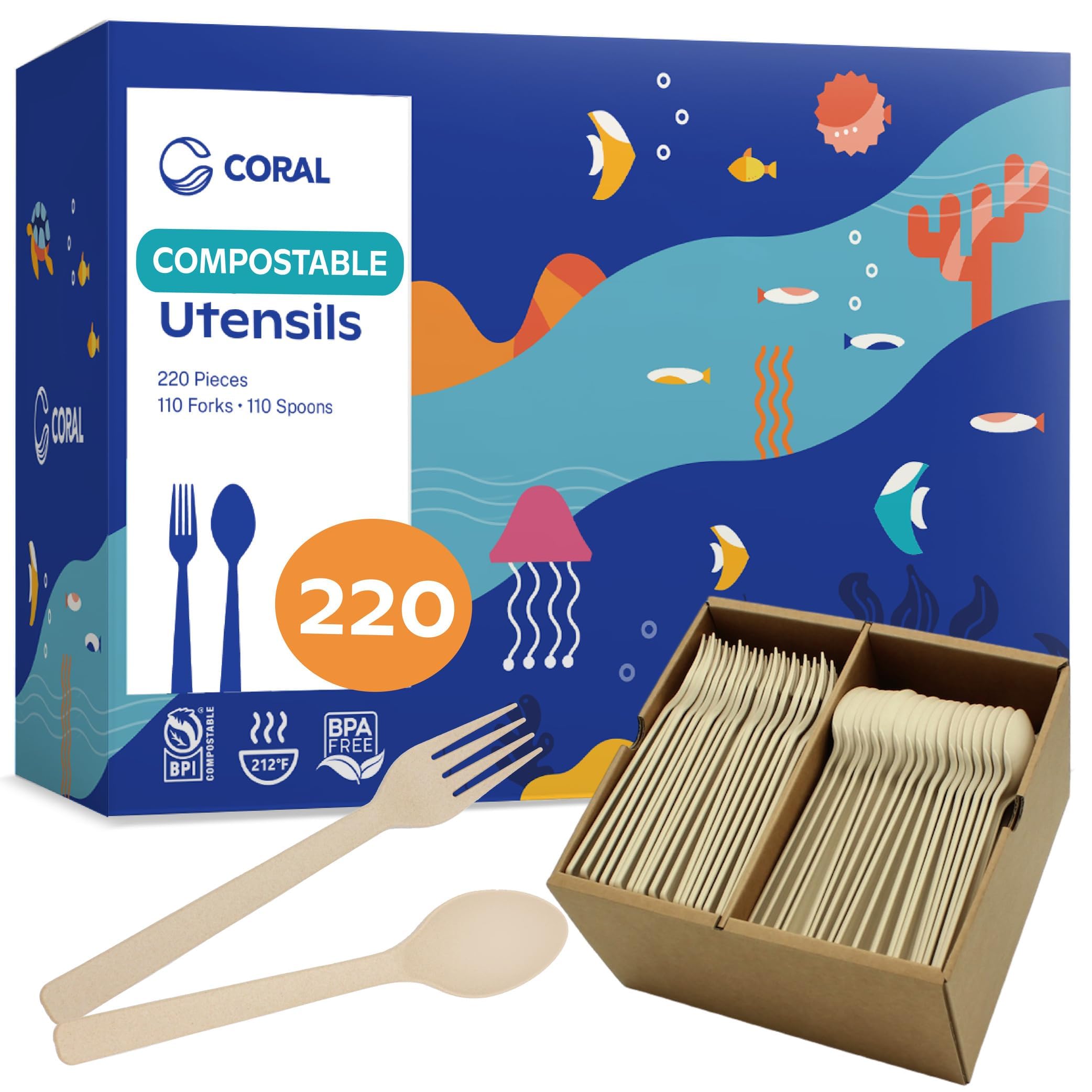 CORAL Light Brown Compostable Heavy Duty Spoons &amp; Forks Set 220 Pieces Bulk