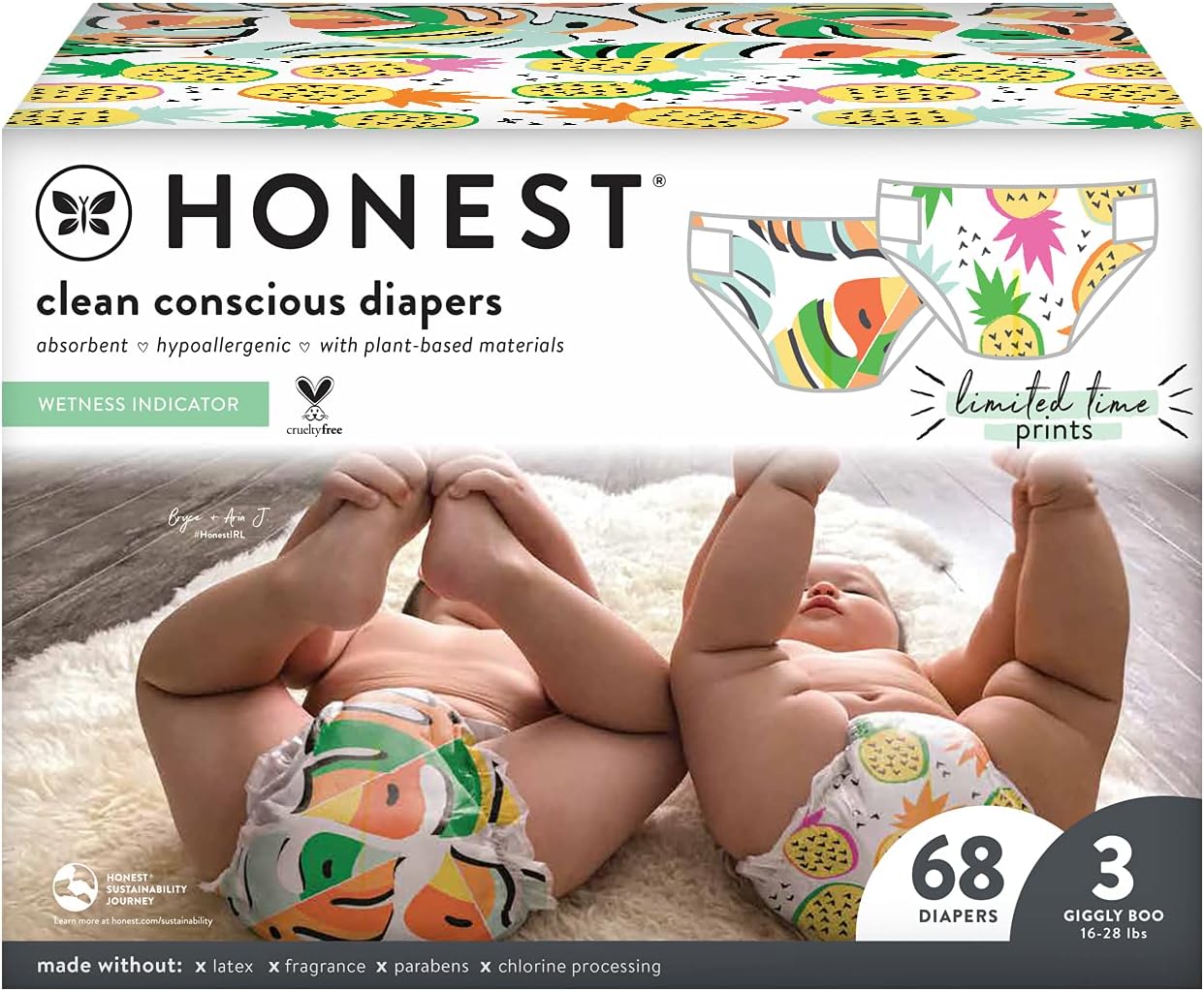 The Honest Company, Club Box, Clean Conscious Diapers, Summer Seasonal - Fruity Patootie + Lil Monstera, Size 3, 68 Count (Packaging + Print May Vary)