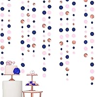 Vista 4 de Guirnalda de 14 metros de azul marino, rosa pálido, lunares circulares, azul real, rosa, oro rosa, papel colgante con lunares para decoraciones