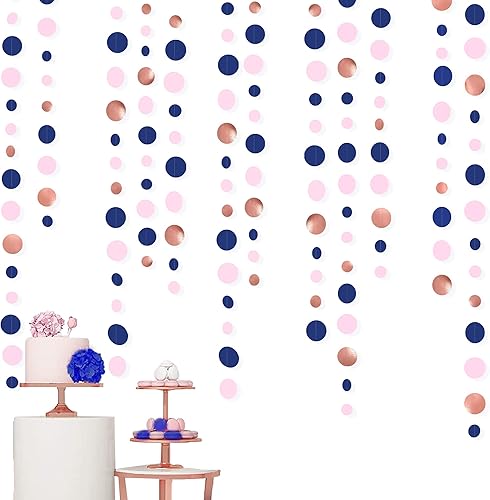 Miniatura 4 de Guirnalda de 14 metros de azul marino, rosa pálido, lunares circulares, azul real, rosa, oro rosa, papel colgante con lunares para decoraciones