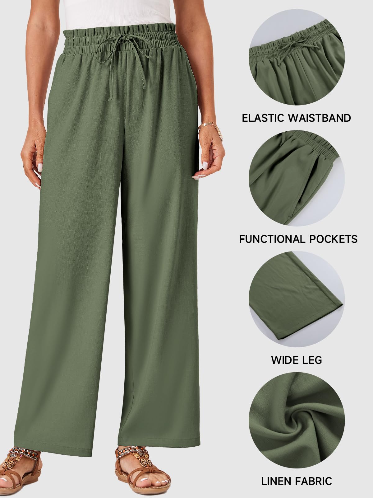Glacspyg Damen Hosen Casual Flowy Wide Leg Freizeithose High Waisted Kordelzug Palazzo Hosen mit Taschen