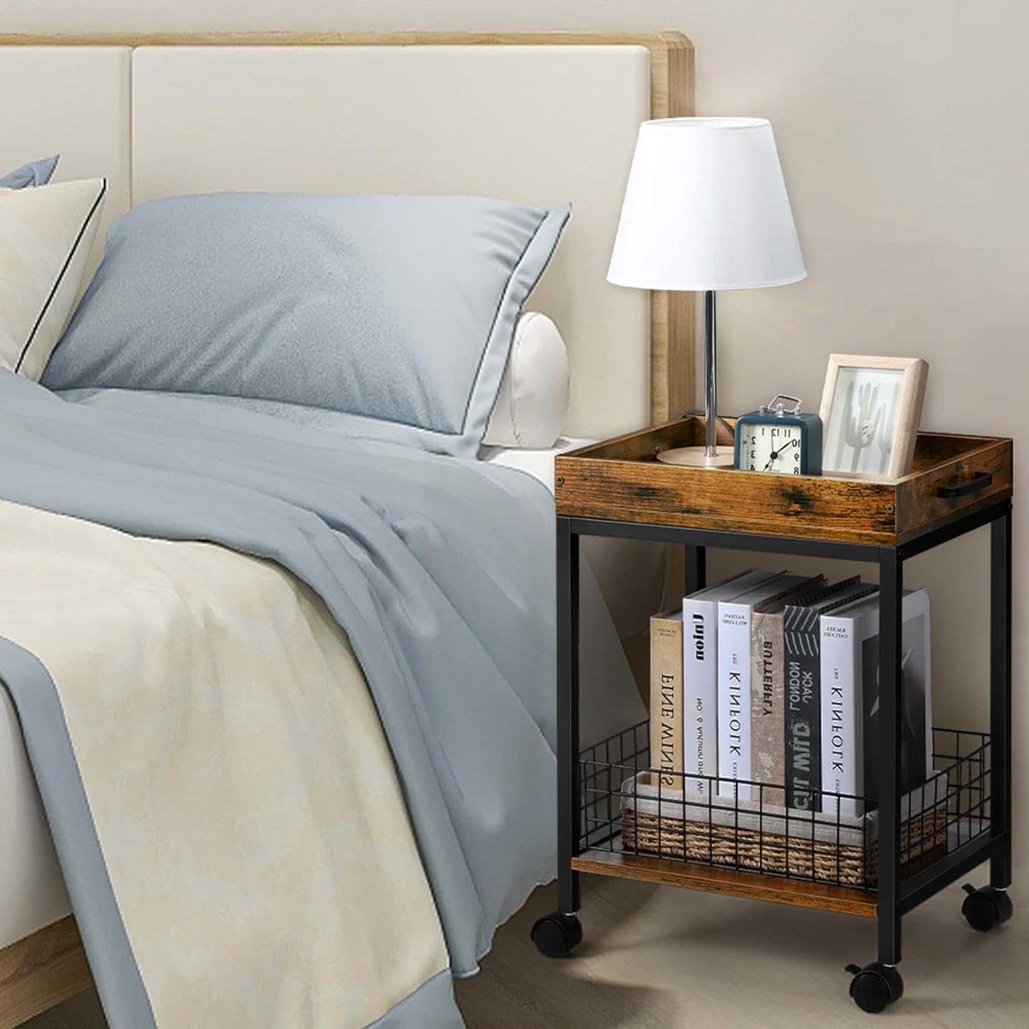 Fogein Side Table with Wheels,End Table with Removable Serving Tray, Industrial Retro Side Table Nightstand Storage Shelf, for Sofa Kitchen Living Room and Bedroom(Rustic Brown) : Home & Kitchen