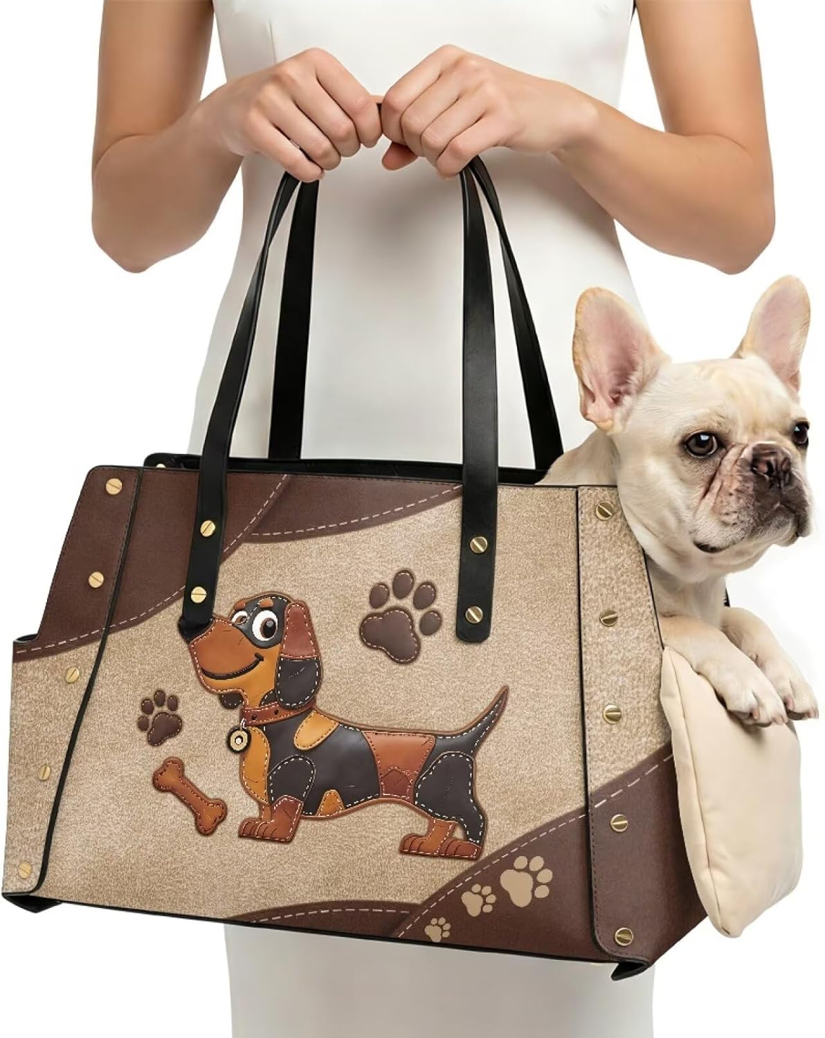 COEQINE Dog Bag Carrier for Small Dogs Sling Purses for Women Leather Dachshund Dog Paw Brown Puppy Carrier Sling 15 Ibs Luxury Womens Tote Bag Purse Waterproof,15x9x6 in