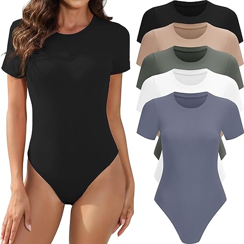 MLYENX Pack de 5 trajes de cuerpo para mujer, camiseta básica de manga corta con cuello redondo, elástica, casual