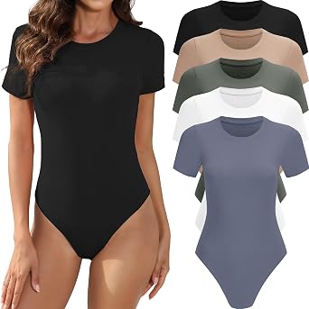 MLYENX 5 Pack Body Suits for Womens Short Sleeve Round Neck Basic Tops