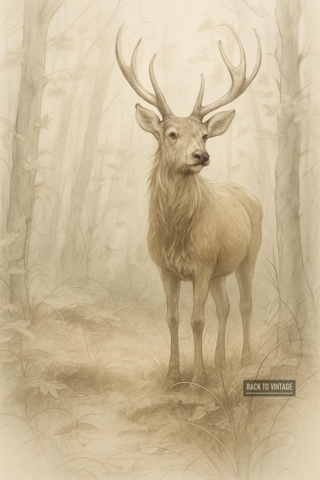 Back To Vintage Multicoloured Majestic Stag In Misty Forest Surrounded By Vegetation - A4 Poster Wildlife Art Print Wall Art Featuring Animals In Nature Perfect For Home Decor Living Room Office