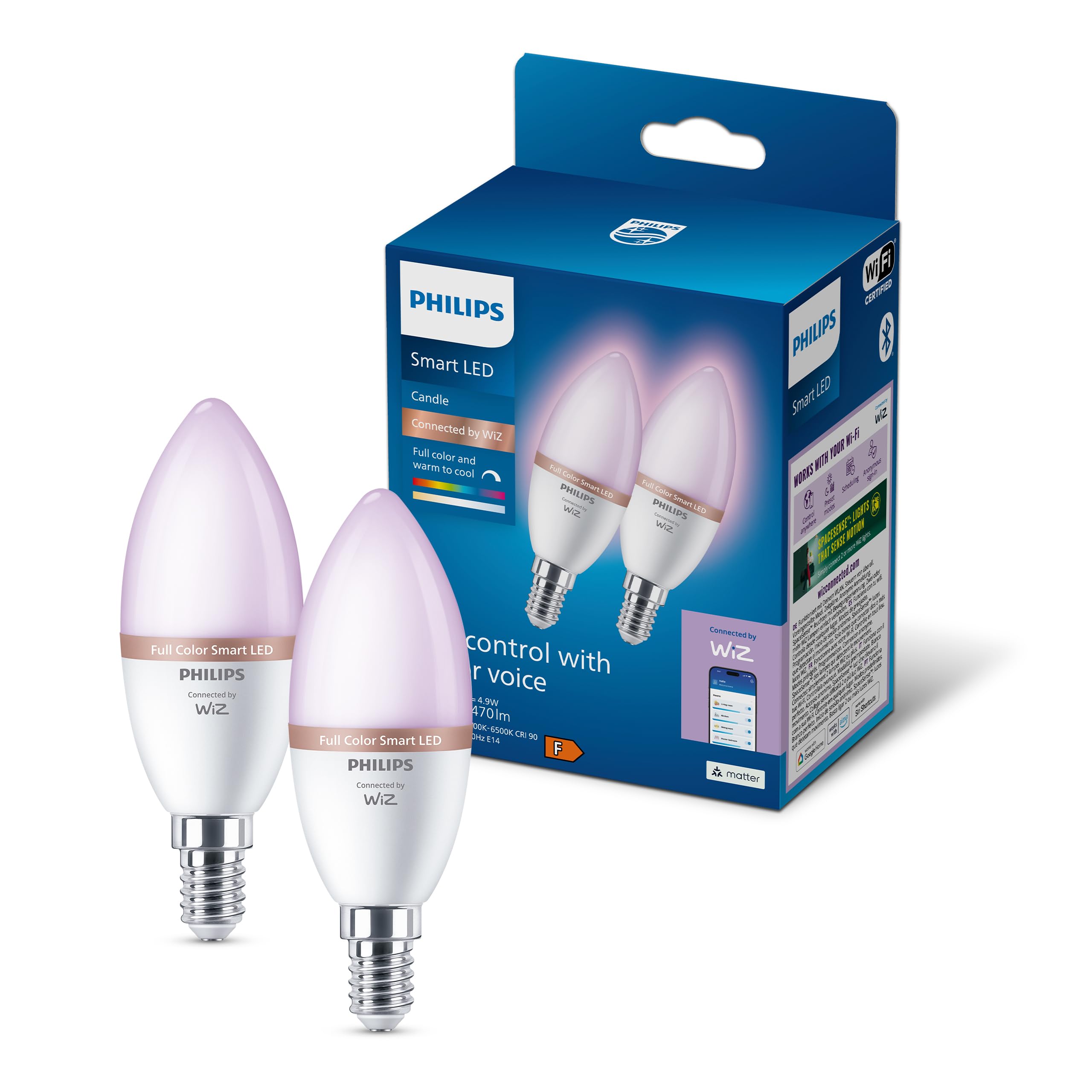 Philips Smart Light Bulb Led Candle Frosted Screw E14 Full Colour & Warm/Cool Spectrum 40W 2Pcs