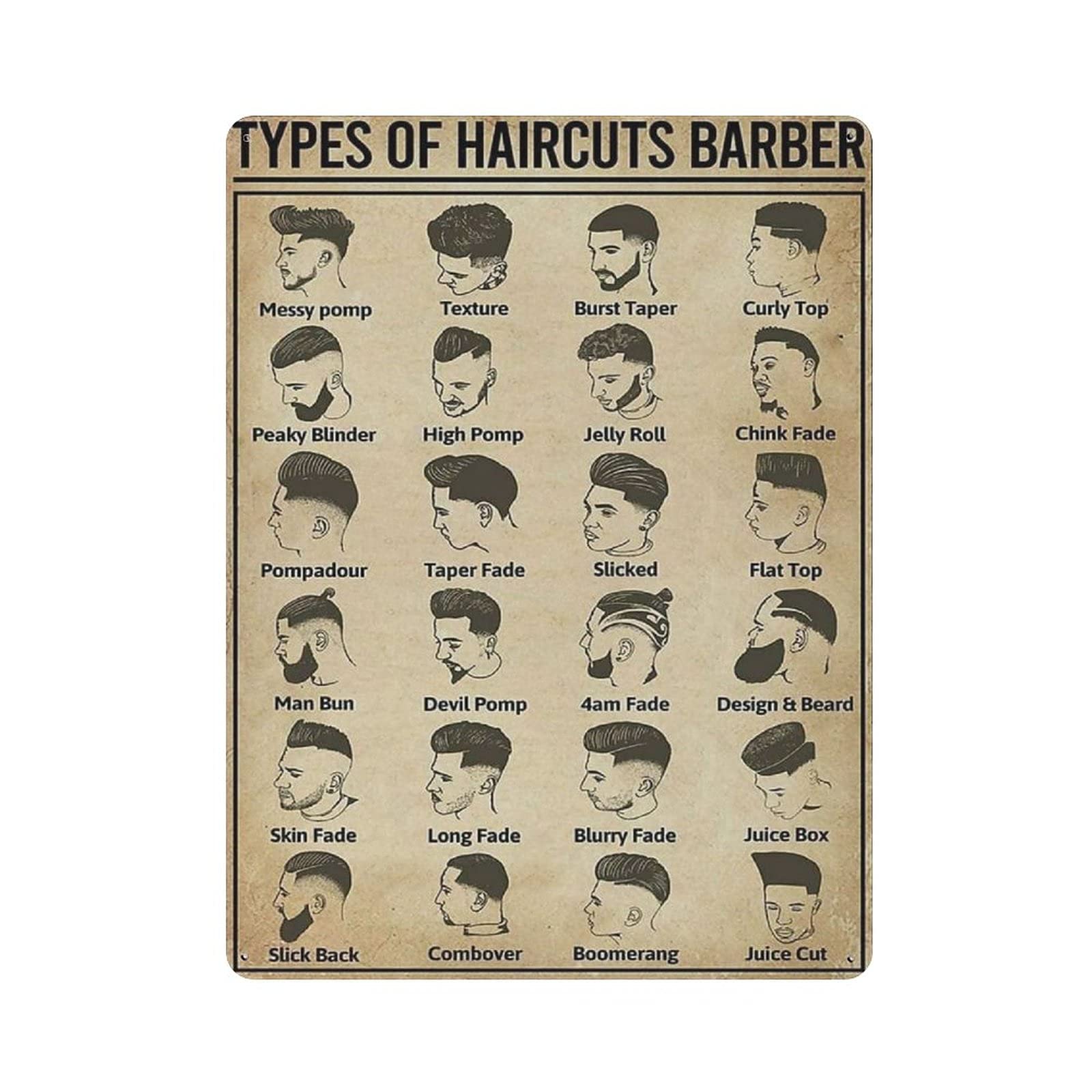 Metal Tin Sign Types of Haircuts Barber Vintage Tin Poster Metal Sign Wall Decoration Country Kitchen Home Garage Decor 16"x12"