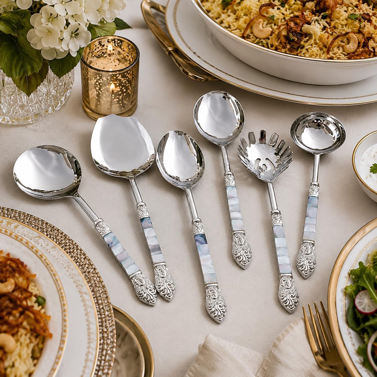 Made For You Designer Brass Seep Handle Design Serving Spoon Set Of 6 Piece With Mother Of Pearl In Black Gift Box 35% Off - 30 Cm
