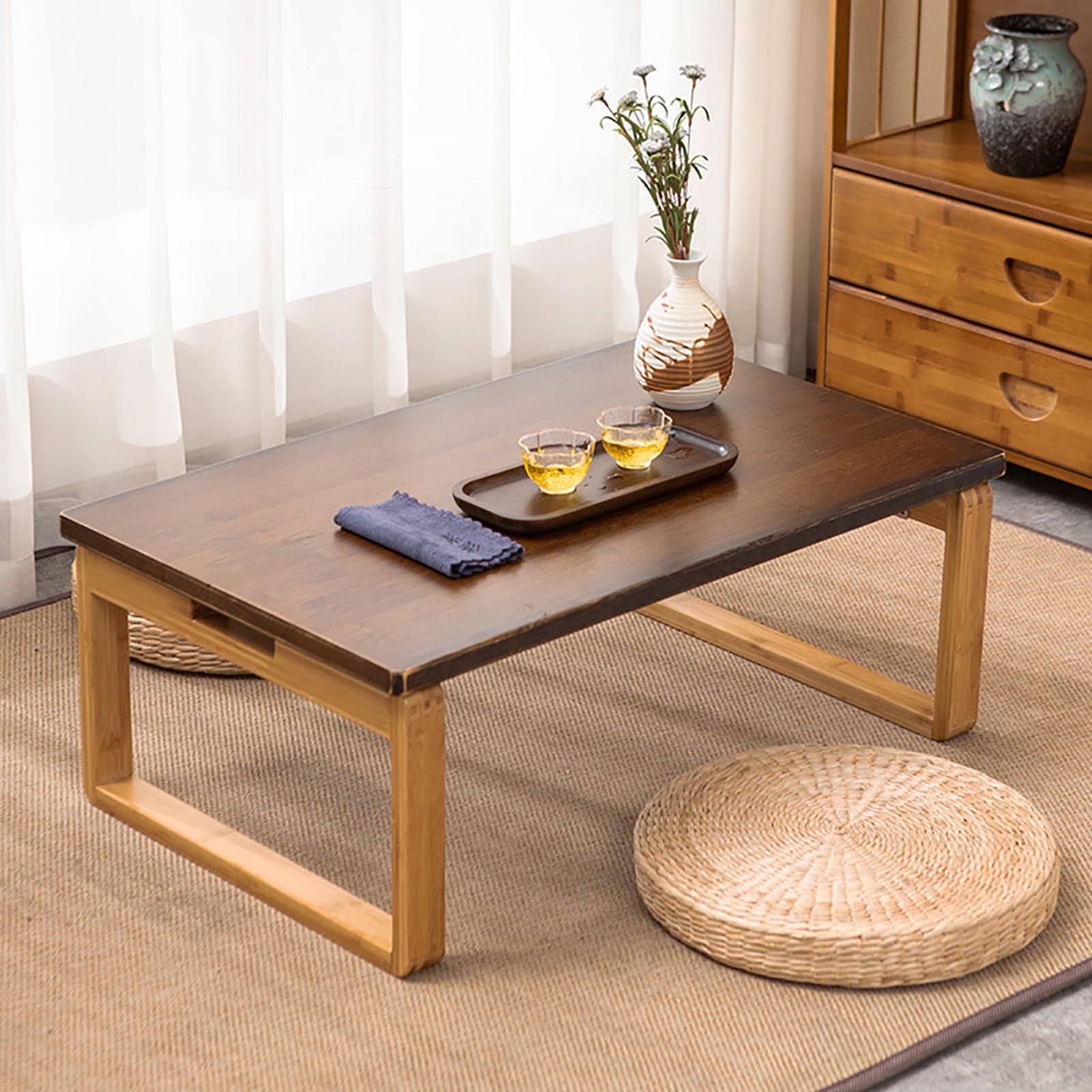 Table de méditation pliable en bambou marron pour s'asseoir au sol