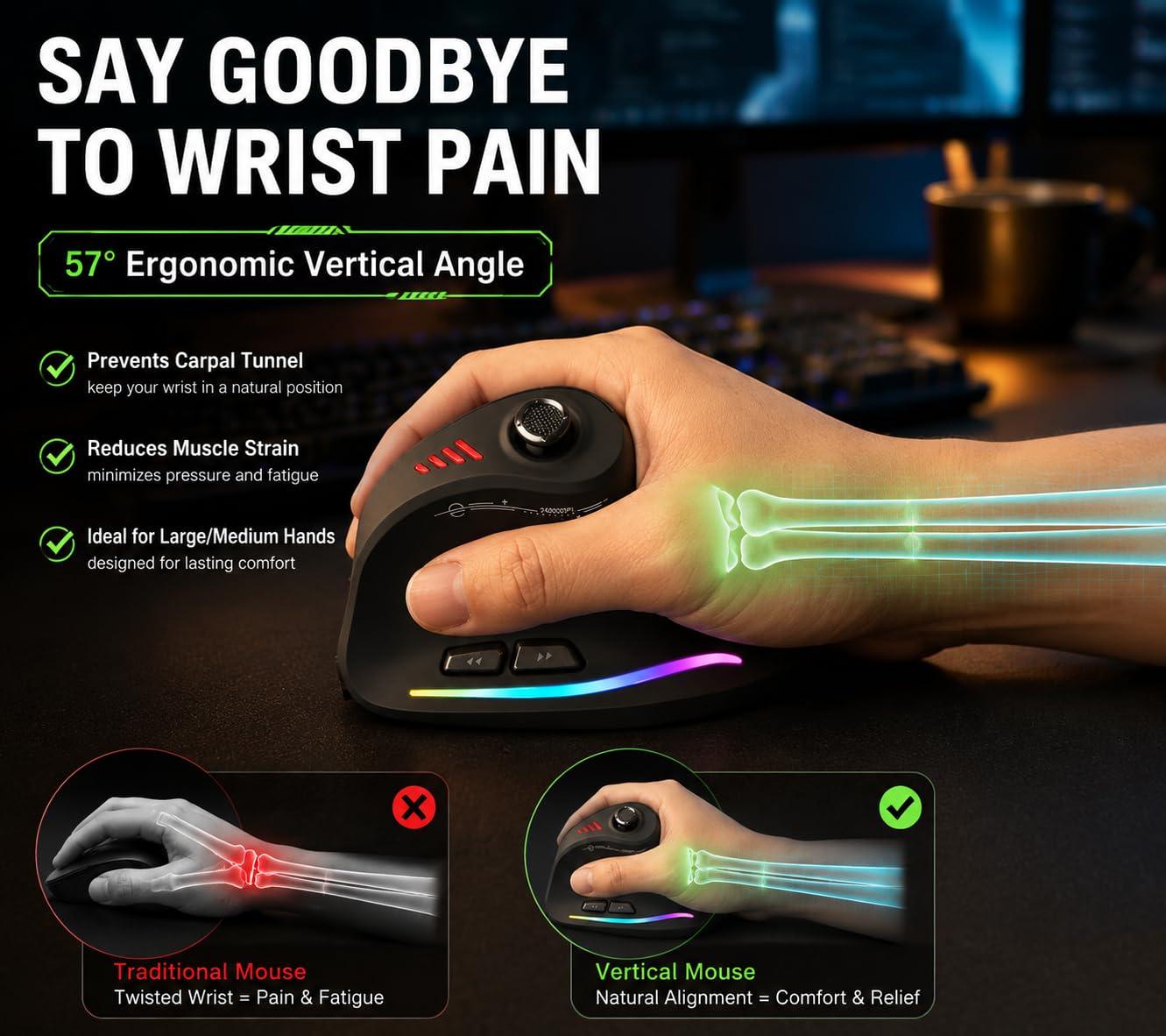 TKMARS Souris Ergonomique sans Fil avec Joystick, Souris Bluetooth Gamer Verticale 12 Boutons Programmables 24000 DPI Réglables Gaming Mouse pour PC MacBook et Ordinateurs Portables