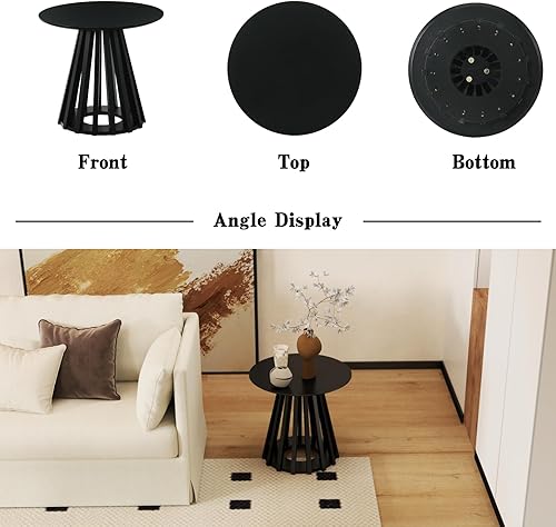 Miniatura 3 de DUOMAY Mesa auxiliar redonda moderna con base geométrica, mesa auxiliar de madera natural para sala de estar, dormitorio, sala de estar, oficina,