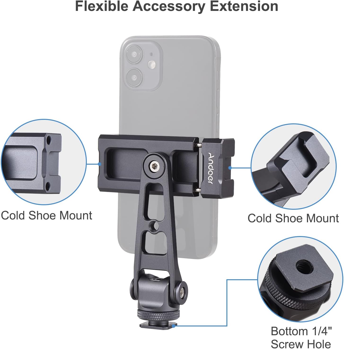 Andoer Multi-Functional Phone Holder Clamp Phone Tripod Mount Aluminum Alloy 360° Rotatable with Dual Cold Shoe Mounts Extra Handle Replacement for iPhone 14/13/12/11 Huawei Phone Vlog Selfie Live
