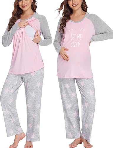 Ekouaer Conjunto de pijama de maternidad para mujer, manga larga, ropa de dormir para lactancia materna, cómodo conjunto de pijama de embarazo para