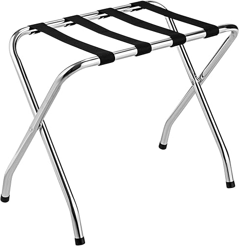 Miniatura 10 de Tangkula Portaequipajes cromado para habitación de invitados, no requiere montaje, soporte plegable de metal para maleta con cinturones de nailon,