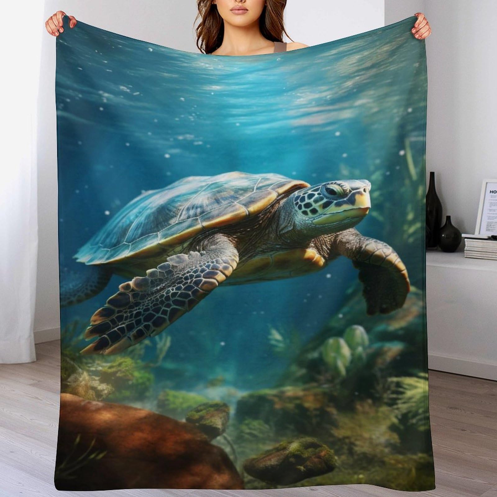 Turtle Fleece Blanket Throw, Machine Washable Flannel Plush Throw Blanket for Bed Couch Sofa Chair, Super Soft Fuzzy Cozy Printed Blanket for Kids Boys Girls,（130×180cm）