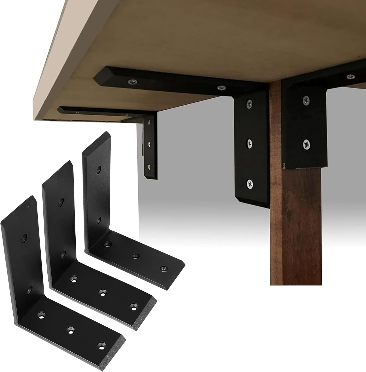 ECOTRIC 3Pcs Countertop Support Brackets 8"x6"x2.5" L Shape Shelf Bracket for Table Bench, Bar Tops, Cabinetry, Shelves and DIY 500 LBS Heavy Duty Black Steel
