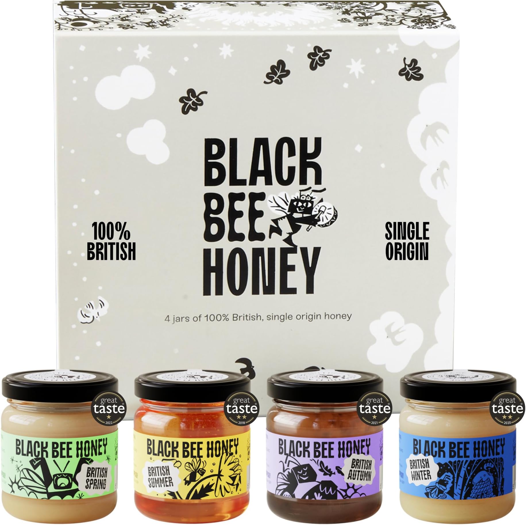 Black Bee Honey Gift Set - x4 42g British Honey Pack, Creamy Light Spring, Runny Floral Summer, Bold Aromatic Autumn and Herbal Winter, Delicious Gifts for her and him