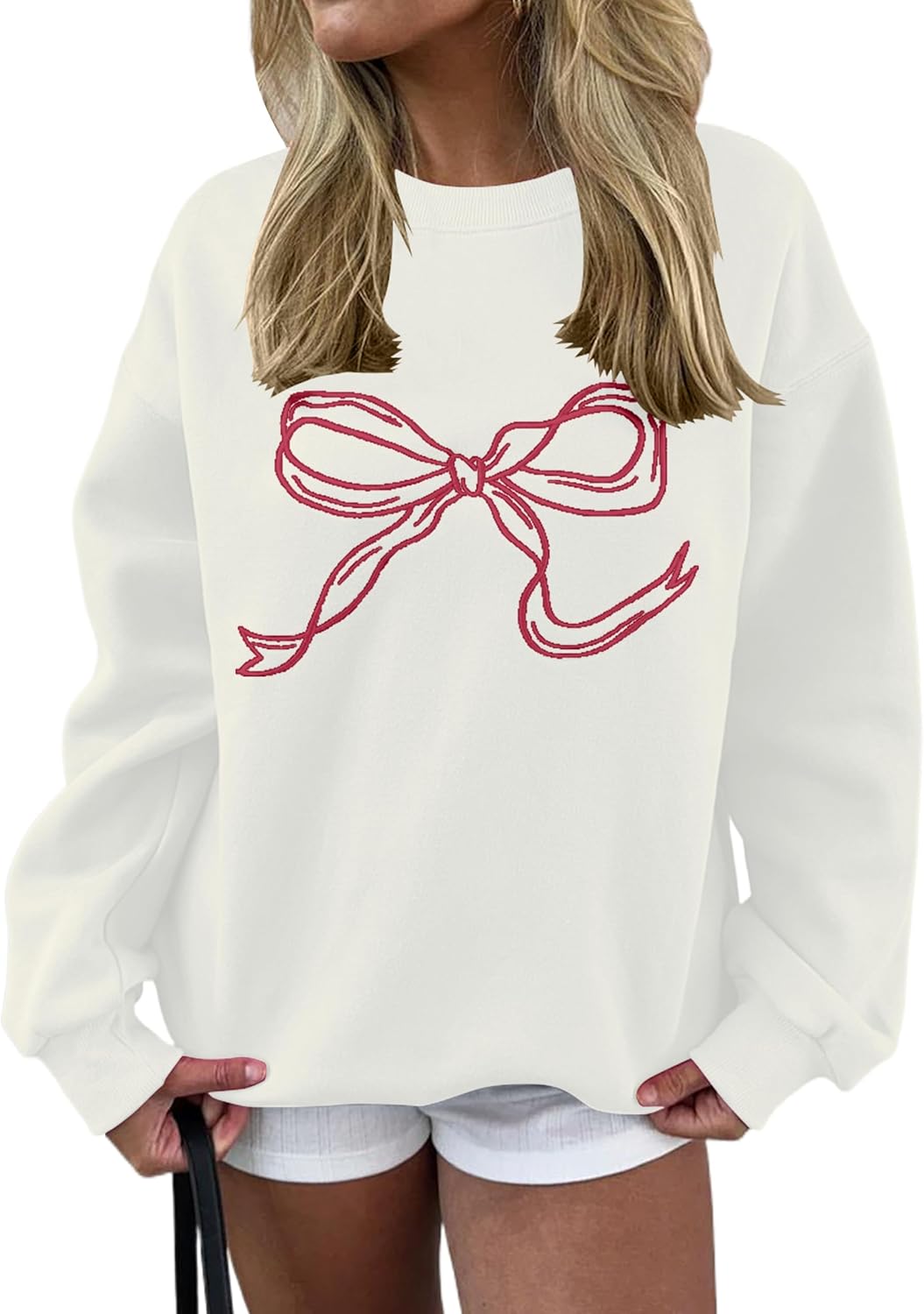 SHBECYDE Women Oversized Sweatshirt Bow Crewneck Long Sleeve Fleece Pullover Top Clean Girl Aesthetic Fall Sweatshirt Outfits