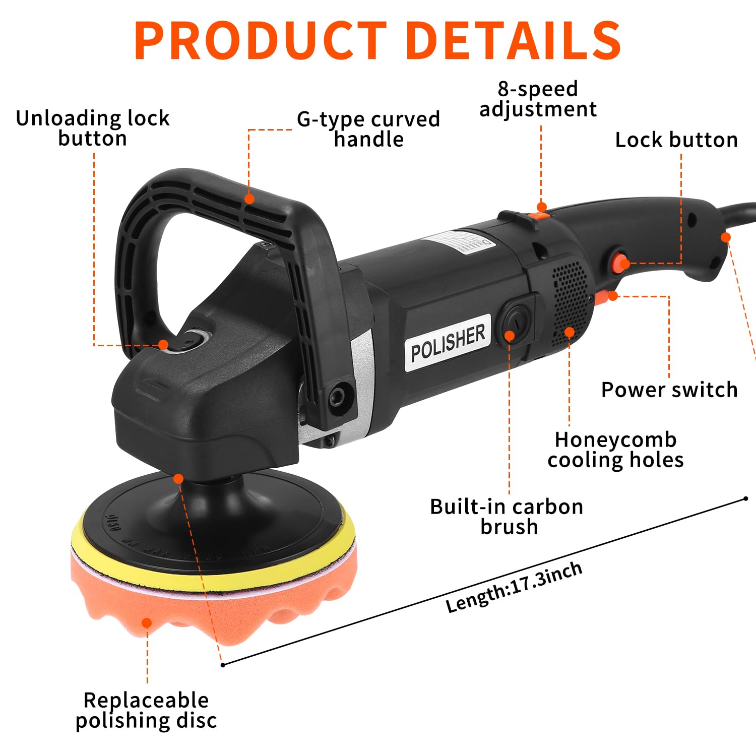 Pulidora profesional de 1600 W, 8 velocidades variables, juego de 24 unidades con plato de pulido de 180 mm, mango D extraíble y mango lateral, para encerar y pulir coches