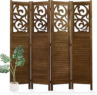 Svimi Folding Room Divider, 5.6Ft 4 Panels Wood Carved Privacy Screens, Free Assembled Freestanding Portable Reversible Functional Decorative Partition for Home Office Restaurant Bedroom (Brown)