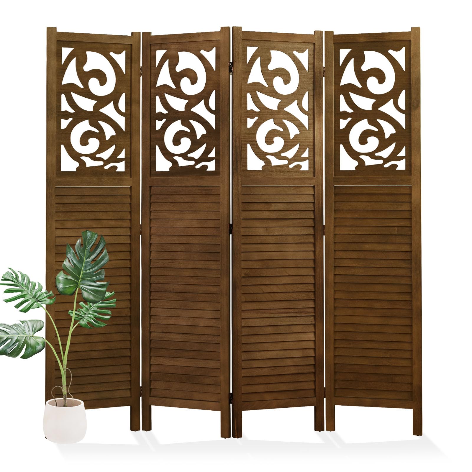 svimi folding room divider, 5.6ft 4 panels wood carved privacy screens, free assembled freestanding portable reversible functional decorative partition for home office restaurant bedroom (brown)