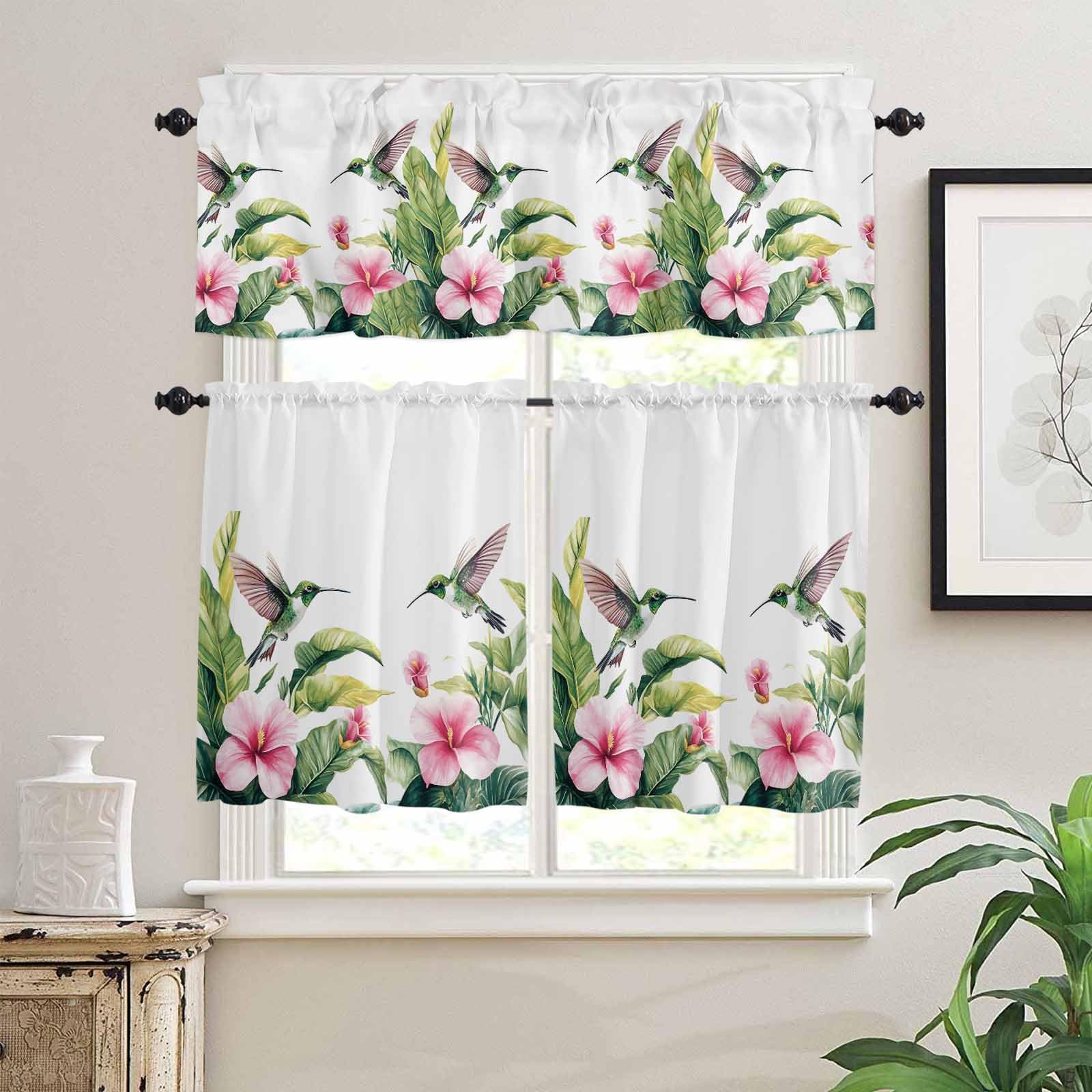 Flowers Leaves Kitchen Curtains 36 Inch Length,3 Piece Rod Pocket Small Half Tiers and Valance Set,Summer Tropical Palm Plants Birds Animals Small Large Window Treatment Decor for Bedroom/Bathroom