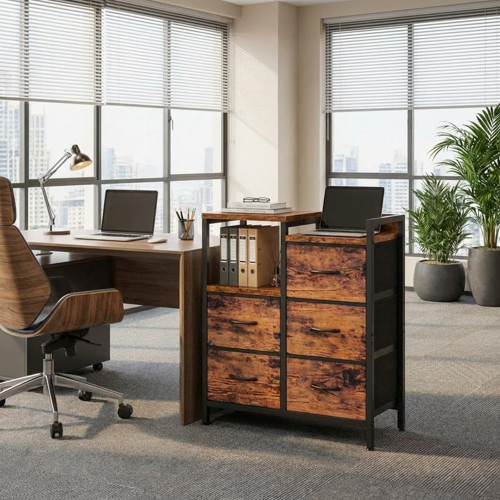Garvee 5 Schubladen Rollcontainer Aktenschrank Druckerständer Mobil Holz | A4 & Letter Format, Offenes Ablagefach, Vliesstoff-Schübe, 360° Rollen, Bremse, Platzsparender Organizer, Stabiler Rahmen