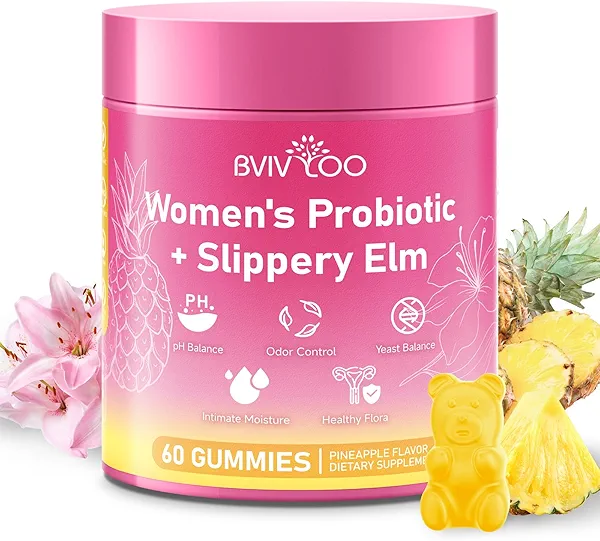 BVIVLOO Women's Probiotic Slippery Elm Gummies - Her Juicy Probiotics for Feminine Health, Supports pH Balance & Immune System, Pineapple Flavor, 60 Count