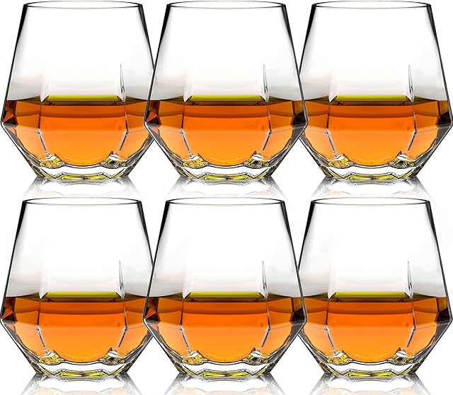 JASVIC Diamond Whisky Glasses Set of 6, 300ml Old Fashioned Whisky Glass Tumblers, Crystal Clear Rocks Glass Whiskey Glass for Cocktail Scotch Bourbon Drinkware Glasses