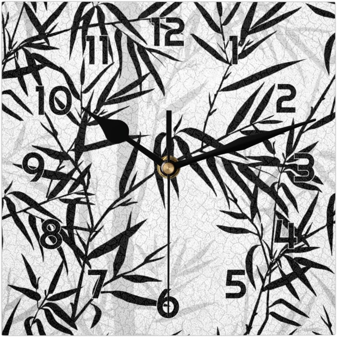 Abstract Bamboo Leaves Wall Clocks Silent Non-ticking Square Clocks Battery Operated Decorative Desk Clock Modern Rustic Japanese Flowers Wall Clock for Home Kitchen Bedroom Bathroom Office 12 Inch