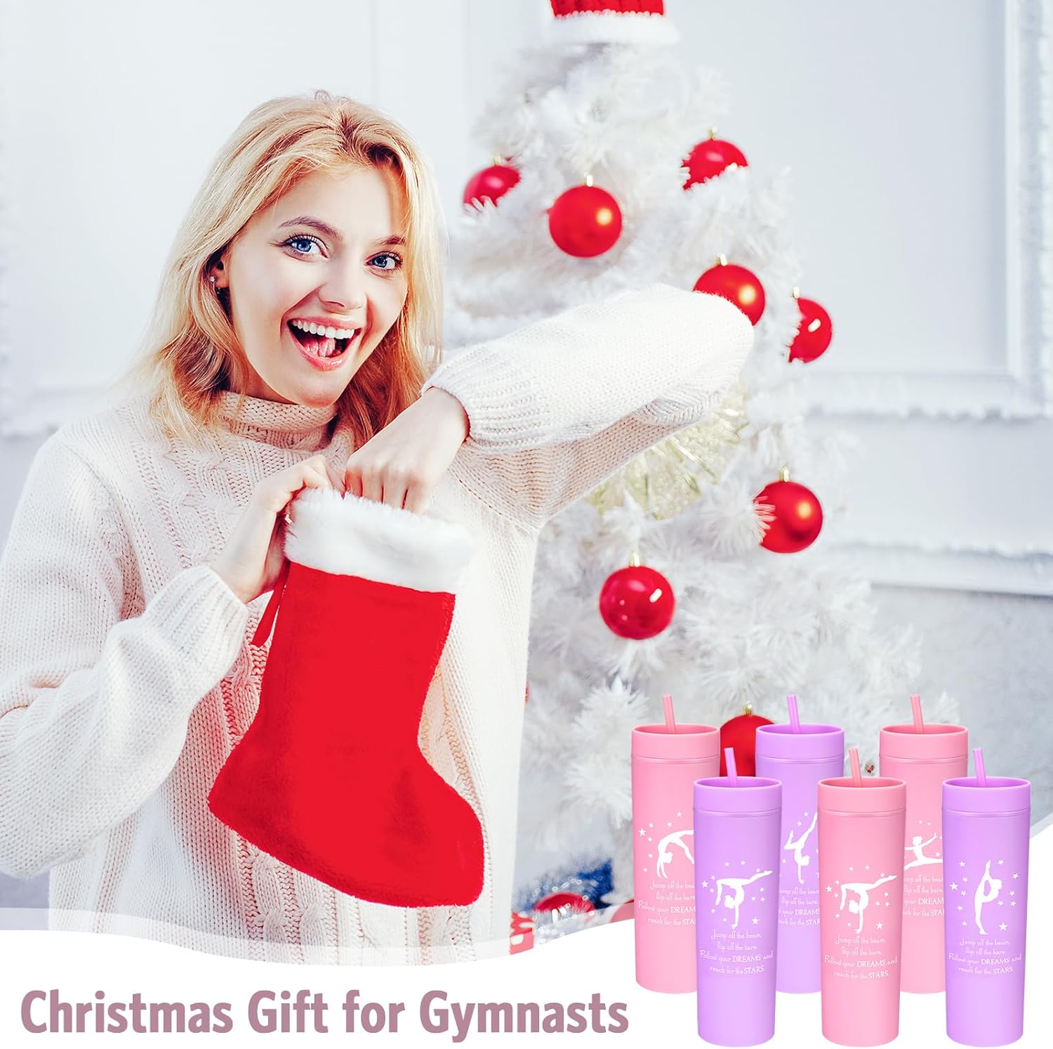 6 Pcs Gymnastics Party Favors Skinny Tumblers with Lids and Straws Gymnastics Birthday Party 16oz Water Bottle for Girls Teens Gymnasts Coach Team Gymnast Lovers(Pink,Purple)