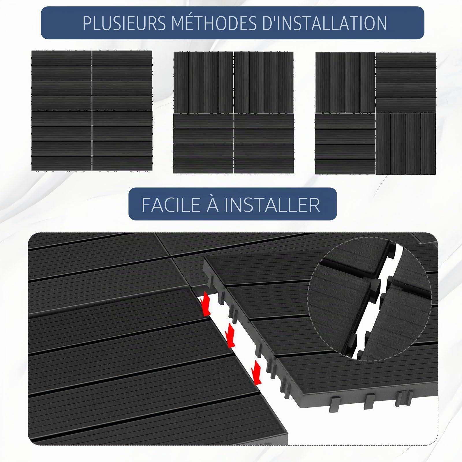 Lot de 36 dalles de terrasse en plastique composite emboîtables - Résistantes aux intempéries - Pour terrasse, balcon, béton - 30 x 30 cm - Gris foncé