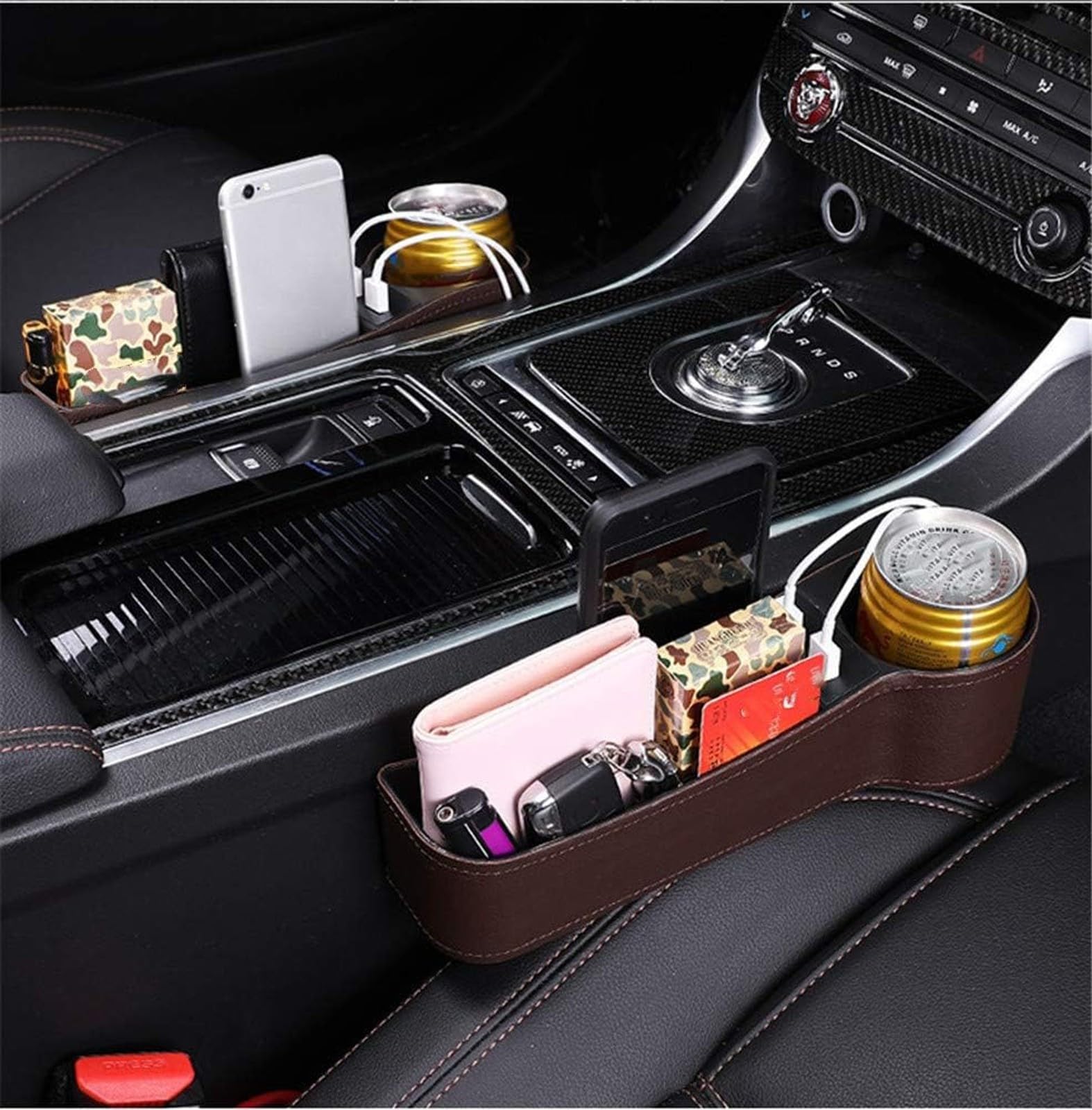 Caja Almacenamiento Asiento Coche, Organizador Cuero PU Asiento Coche, Organizador Relleno Huecos Laterales Asiento Coche, Orden Almacenamiento Bolsillo Hueco AutomáTico(Brown,Co-Pilot)