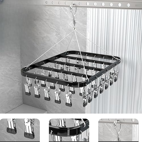 Miniatura 3 de Perchas de metal con 36 clips resistentes al viento, gancho para ropa interior, plegable, para calcetines, sujetadores, color negro